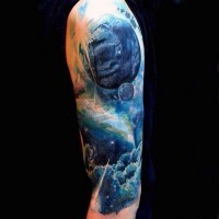 Marvelous painted and colored mystical space tattoo on half sleeve area