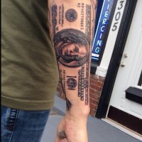 Marvelous real like black ink forearm tattoo of money bill