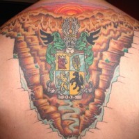 Marvelous style painted big colored family crest tattoo on upper back
