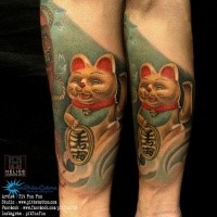 Marvelous very detailed arm tattoo of maneki neko japanese lucky cat with tablet