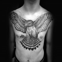 Marvelous very detailed black and white chest tattoo of flying eagle