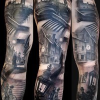 Marvelous very detailed black and white night antic London tattoo on sleeve