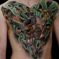 Marvelous very detailed chest and belly tattoo of big flowers