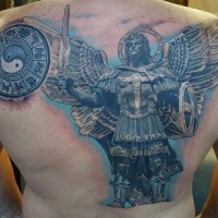 Marvelous very detailed massive angel warrior tattoo on whole back combined with little Asian symbol