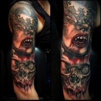 Marvelous very detailed sleeve tattoo of vampire woman with mask and skull
