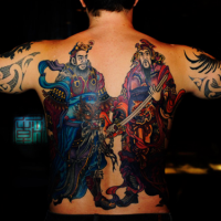 Marvelous whole back tattoo of Asian samurai warriors