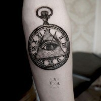 Masonic style little black ink clock with pyramid tattoo on arm