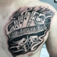 Massive 3D like black and white playing cards with dice and lettering tattoo on chest