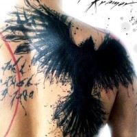 Massive abstract style black ink upper back tattoo of crow by Adam Kremer