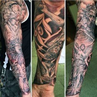 Massive black and white antic Greece themed tattoo on sleeve