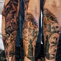 Massive black and white mystic eye with skulls tattoo on sleeve