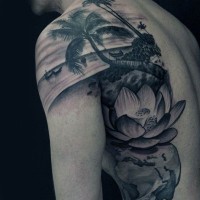 Tatuaje de paisaje lindo con palmeras y loto y océano