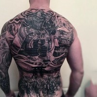 Massive black and white samurai warriors themed tattoo on whole back