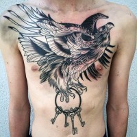 Massive black ink eagle with key tattoo on chest