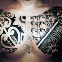 Massive black ink tribal ornaments tattoo on chest and shoulders
