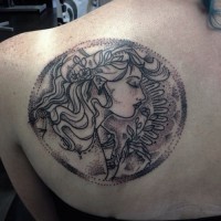 Massive circle shaped upper back tattoo of woman portrait