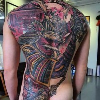 Massive colored Asian style detailed whole back tattoo of samurai warrior