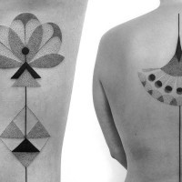Massive colored geometrical flowers tattoo on upper back and thigh