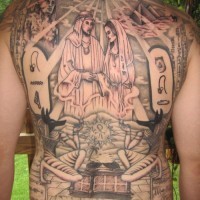 Massive colored various religions themed tattoo on whole back
