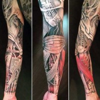 Massive colorful biomechanical tattoo on sleeve