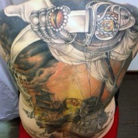 Massive colorful mystical nautical tattoo with antic sword on whole back