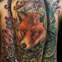 Massive colorful natural looking fox tattoo on half sleeve with various crystals