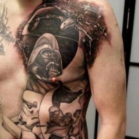Massive incredible painted colored Star Wars themed half body tattoo