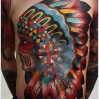 Massive multicolored antic Indian portrait tattoo on whole chest and belly