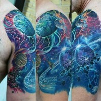 Massive multicolored far solar system tattoo on half sleeve area