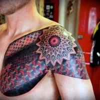 Massive multicolored geometrical style chest and shoulder tattoo stylized with ornamental flower