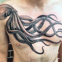 Massive multicolored gorgeous octopus tattoo on chest