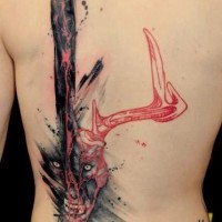 Massive multicolored half back tattoo of mystic deer shaped beast with lettering