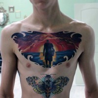 massiccio multicolore mistico uomo su tramonto tatuaggio su petto