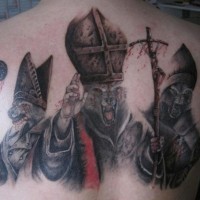 Massive mehrfarbige mystische religiöse Wölfe Tattoo am oberen Rücken