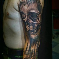 Massive multicolored sleeve tattoo of very detailed human skull and lettering