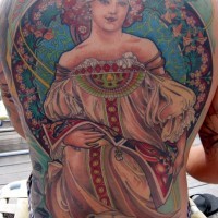 Massive multicolored whole back vintage tattoo of woman portrait in beautiful dress