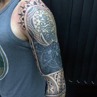 Massive tribal style black and white Polynesian ornaments tattoo on sleeve