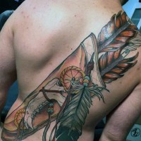 Massive very detailed colorful Indian quiver tattoo on back stylized with animals bones and feather