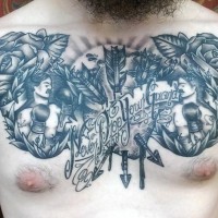 Tatuaje en el pecho,  boxeadores con rosas y flechas rotas, estilo vintage