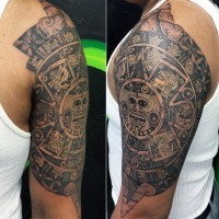 Mayan traditional black and white forearm tattoo of big tablet