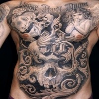 Medieval style black ink chest and belly tattoo of woman with baby angel combined with human skull