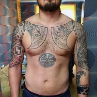 Medieval themed colored chest and arms tattoo of axes and mystical symbols stylized with various animals