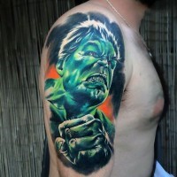 Medium colored shoulder tattoo of angry Hulk