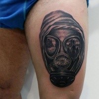 Medium size black and gray style man in gas mask and hood