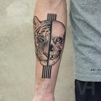 Medium size black ink forearm tattoo designed by Valentin Hirsch of human skull and tiger head