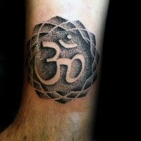 Medium size black ink leg tattoo of Hinduism symbol