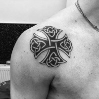 Medium size black ink shoulder tattoo fo Celtic cross
