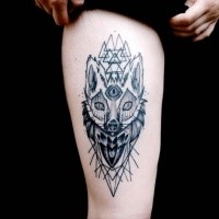 Medium size black ink thigh tattoo of mysterious fox with mask and triangles