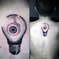 Medium size colored back tattoo of bulb with eye