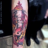 Medium size colored fantasy elephant heads tattoo on forearm